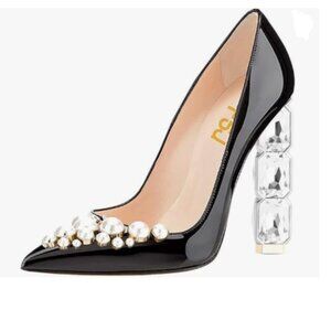 FSJ Black-pearls Jeweled High Heel Pointed Toe Pump Slip On Sparkling Heel Shoes